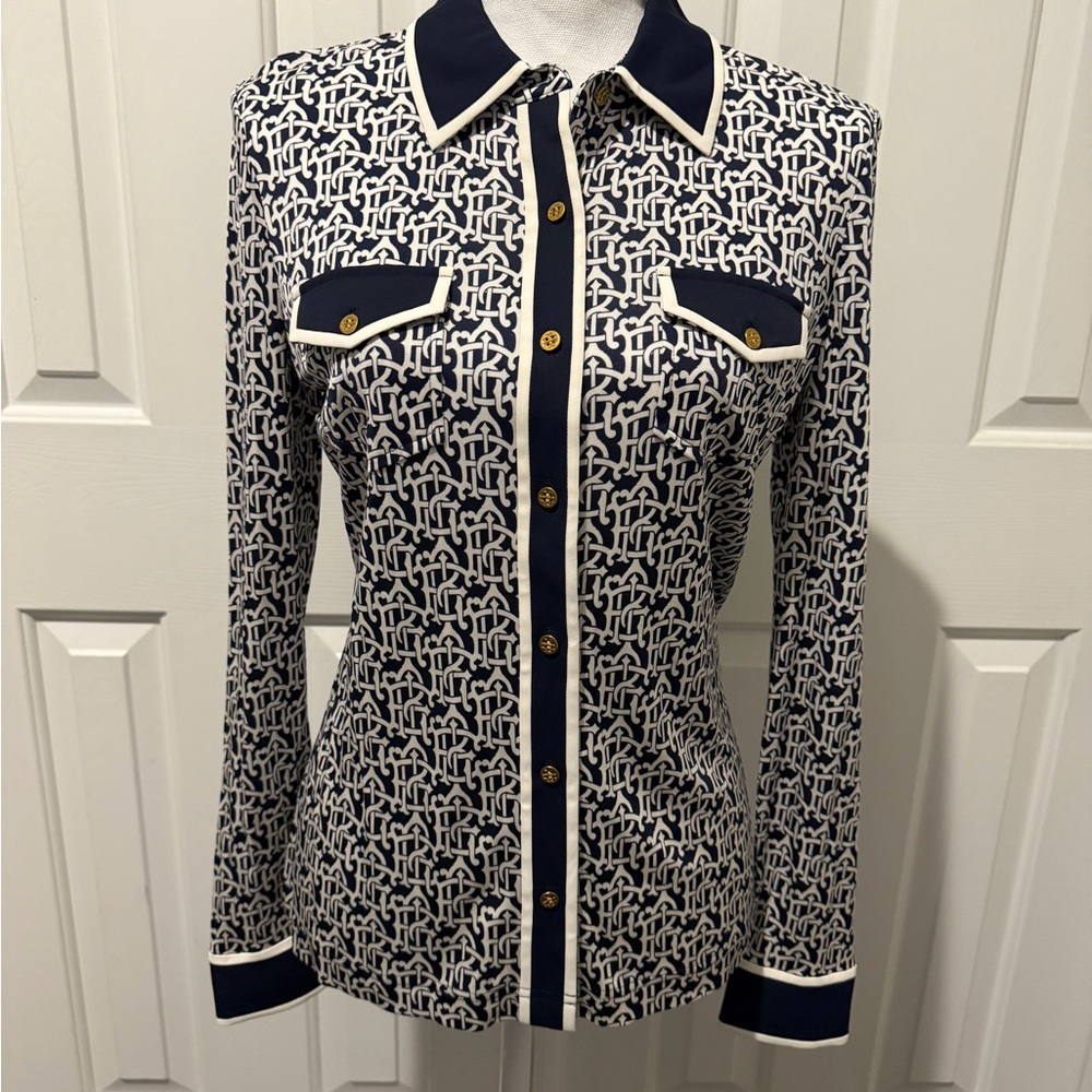 Tory Burch Navy and White Geometric Button Down Shirt